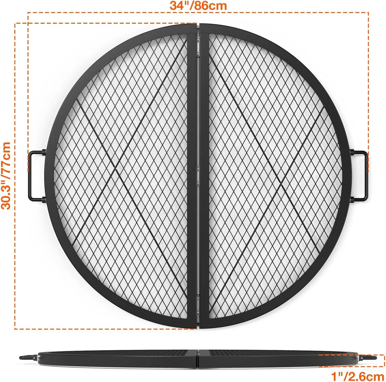 only fire X-Marks Fire Pit Cooking Grate, Foldable Round Grate for Outdoor Cooking, Heavy Duty Steel Campfire BBQ Grill Grid with Handle, Portable Camping Cookware, 30 inch