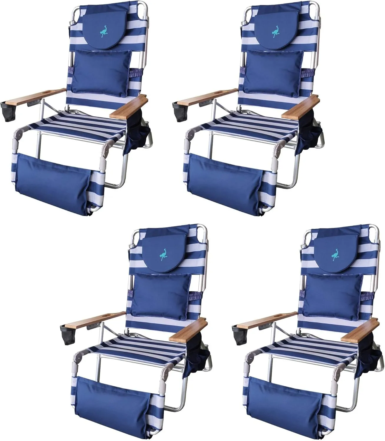 Ostrich Deluxe Padded 3-N-1 Outdoor Lounge Reclining Beach Chair, Blue (4 Pack)