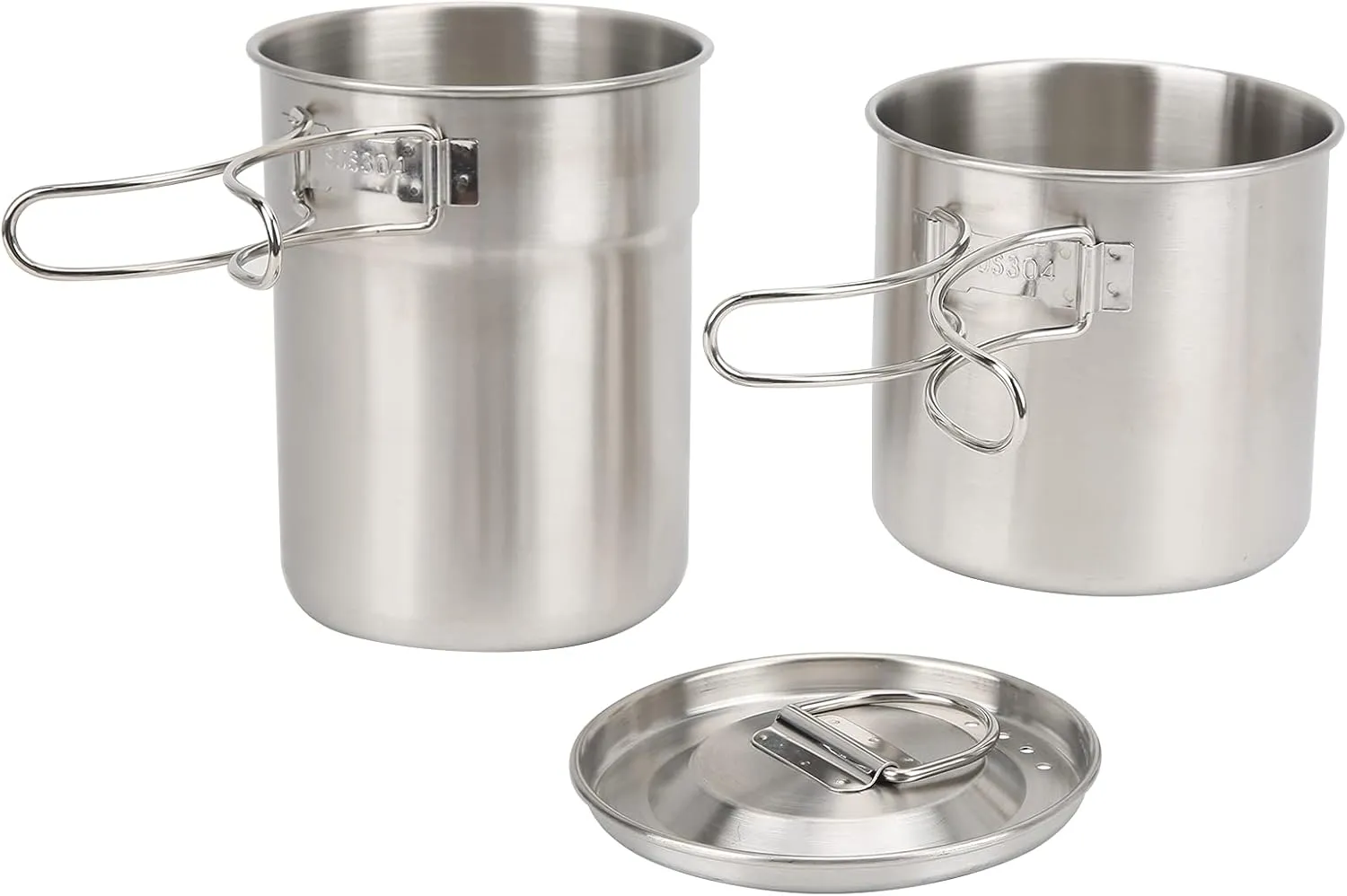 OUKENS Camping Pot, 2pcs Stainless Steel Cooking Cup Mug Vent Design Outdoor Camp Cook Pot Camping Cookware with Collapsible Handle for Camping Hiking Backpacking Picnic