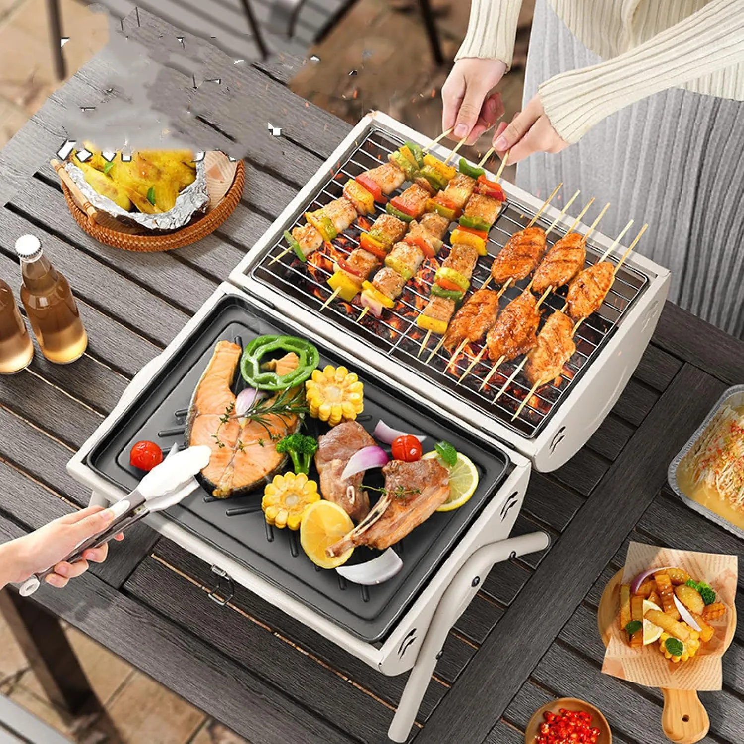 Outdoor barbecue chimney stove portable double sided kebab stove home camping charcoal grill smokeless small barbecue rack