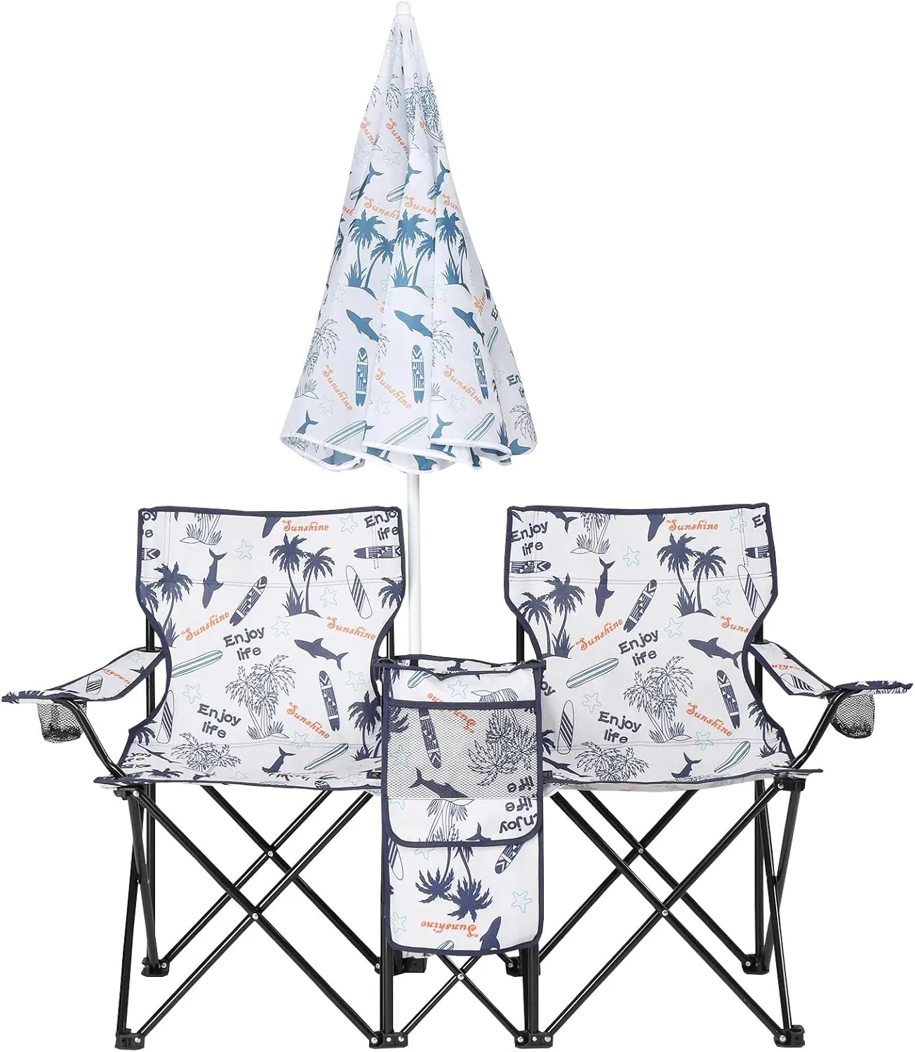Outdoor Beach Portable Lawn Chair,2-Seat Lightweight Folding Chair for Adults,Folding Beach Chair,Portable Foldable Camping Chair,with Removable Sun Umbrella,for Patio Pool Yard Garden (Coconut Tree)