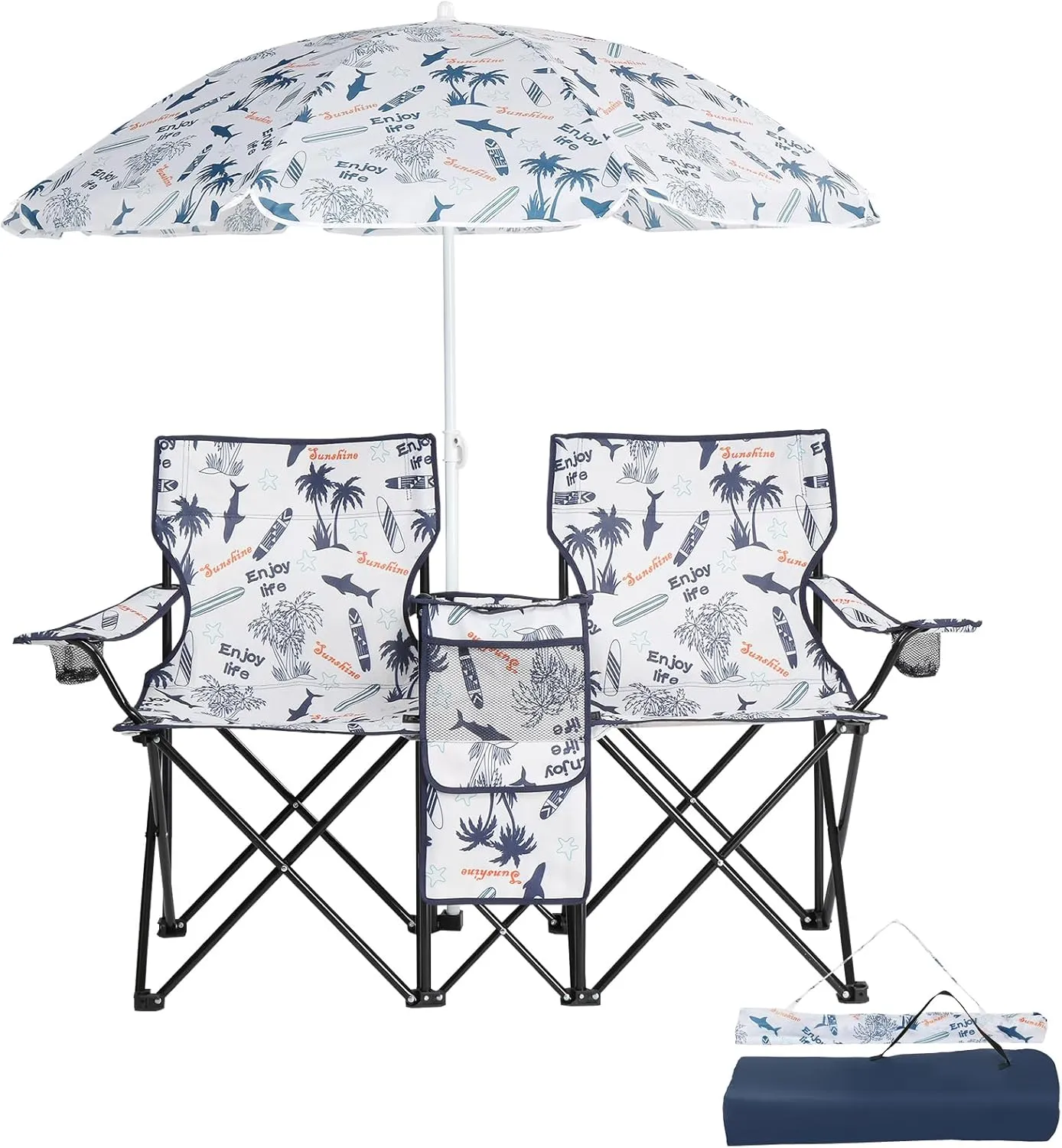 Outdoor Beach Portable Lawn Chair,2-Seat Lightweight Folding Chair for Adults,Folding Beach Chair,Portable Foldable Camping Chair,with Removable Sun Umbrella,for Patio Pool Yard Garden (Coconut Tree)