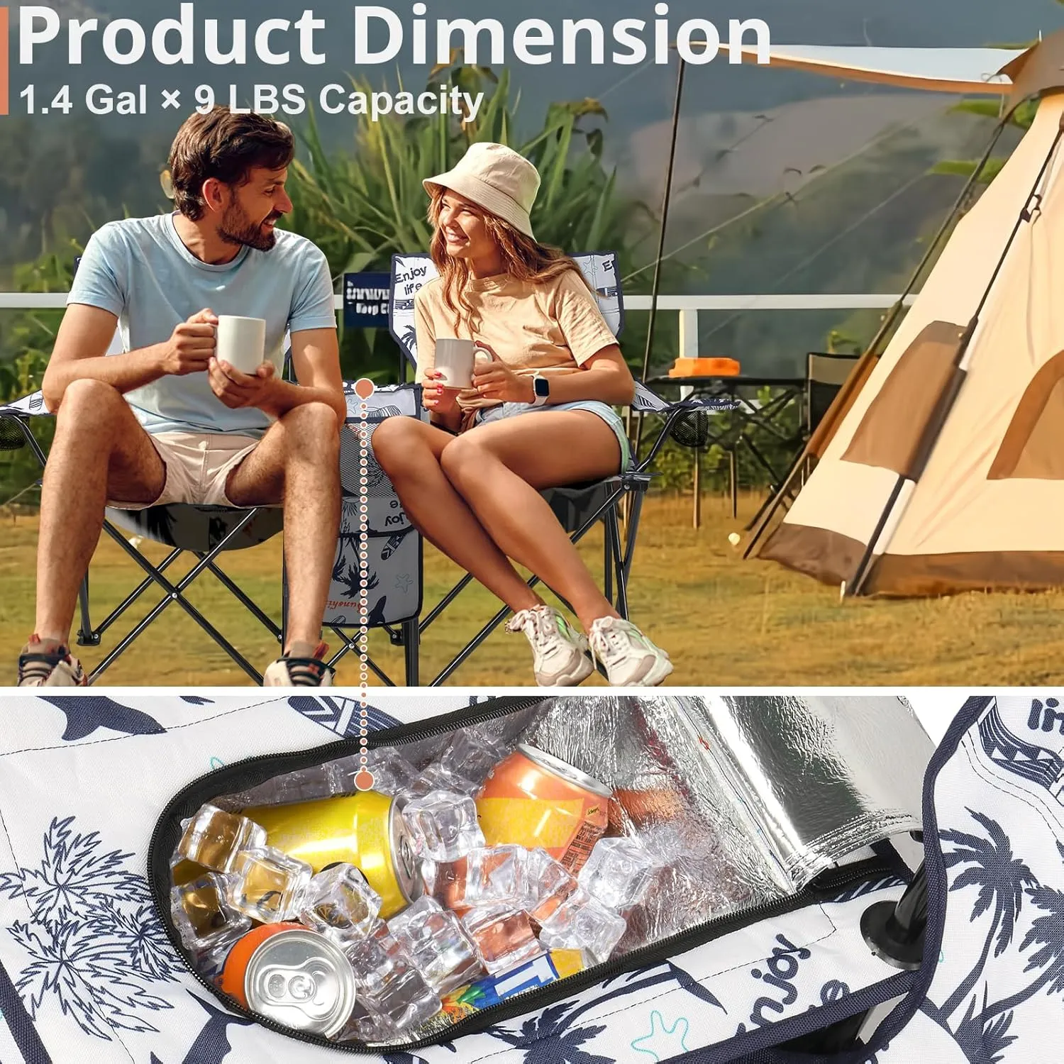 Outdoor Beach Portable Lawn Chair,2-Seat Lightweight Folding Chair for Adults,Folding Beach Chair,Portable Foldable Camping Chair,with Removable Sun Umbrella,for Patio Pool Yard Garden (Coconut Tree)
