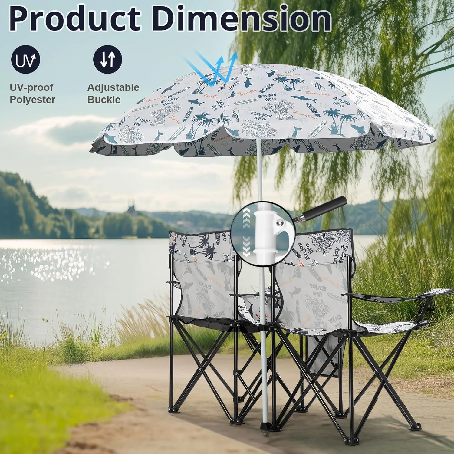 Outdoor Beach Portable Lawn Chair,2-Seat Lightweight Folding Chair for Adults,Folding Beach Chair,Portable Foldable Camping Chair,with Removable Sun Umbrella,for Patio Pool Yard Garden (Coconut Tree)