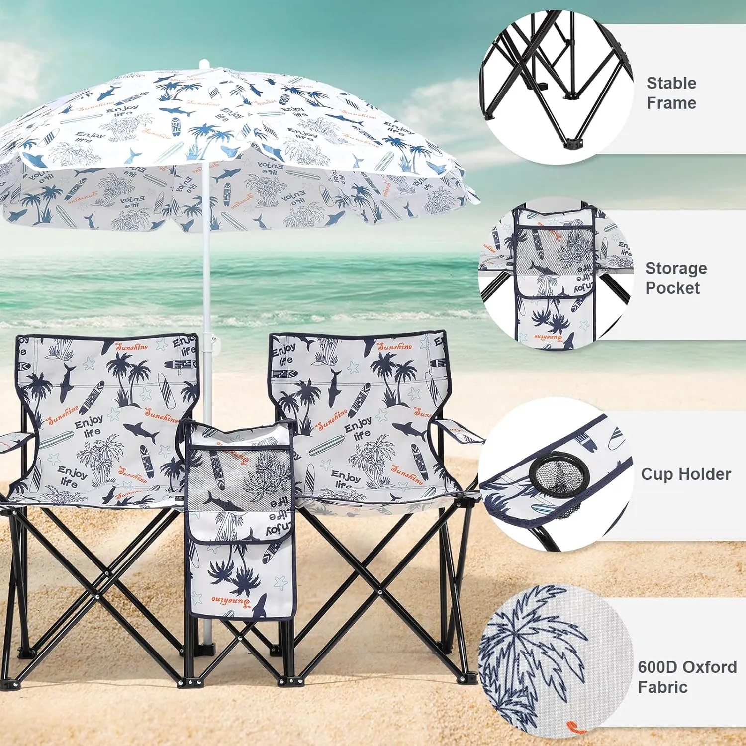 Outdoor Beach Portable Lawn Chair,2-Seat Lightweight Folding Chair for Adults,Folding Beach Chair,Portable Foldable Camping Chair,with Removable Sun Umbrella,for Patio Pool Yard Garden (Coconut Tree)