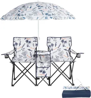Outdoor Beach Portable Lawn Chair,2-Seat Lightweight Folding Chair for Adults,Folding Beach Chair,Portable Foldable Camping Chair,with Removable Sun Umbrella,for Patio Pool Yard Garden (Coconut Tree)