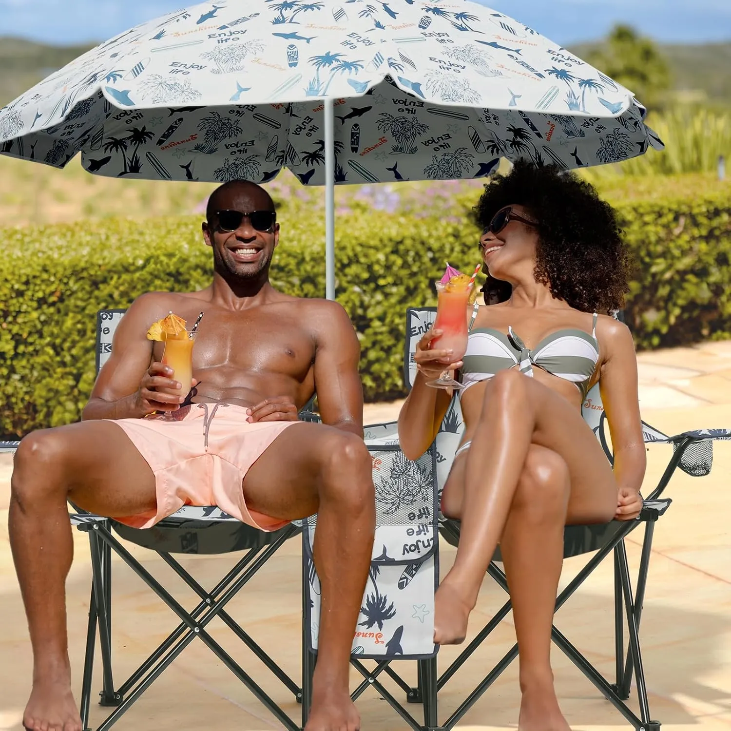 Outdoor Beach Portable Lawn Chair,2-Seat Lightweight Folding Chair for Adults,Folding Beach Chair,Portable Foldable Camping Chair,with Removable Sun Umbrella,for Patio Pool Yard Garden (Coconut Tree)