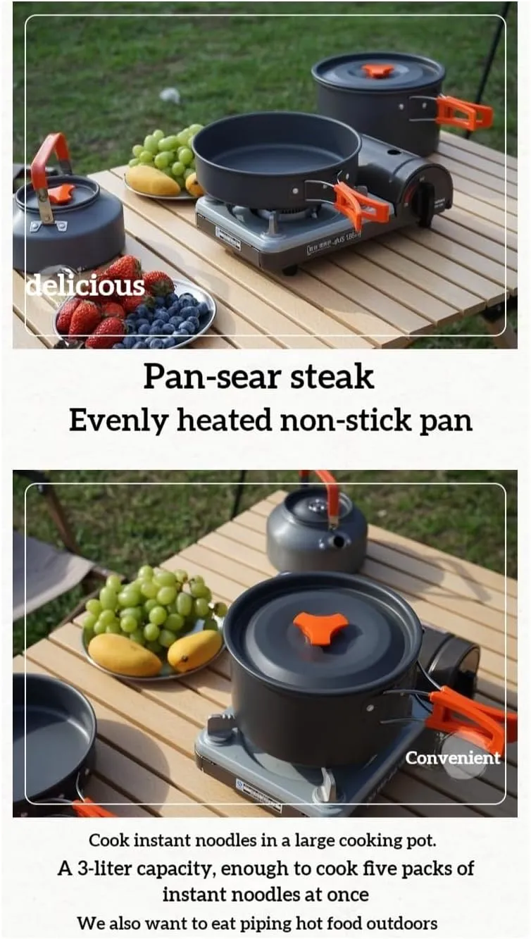 Outdoor camping cookware set, multiple set options, easy to clean, portable, even heating, non-stick coating