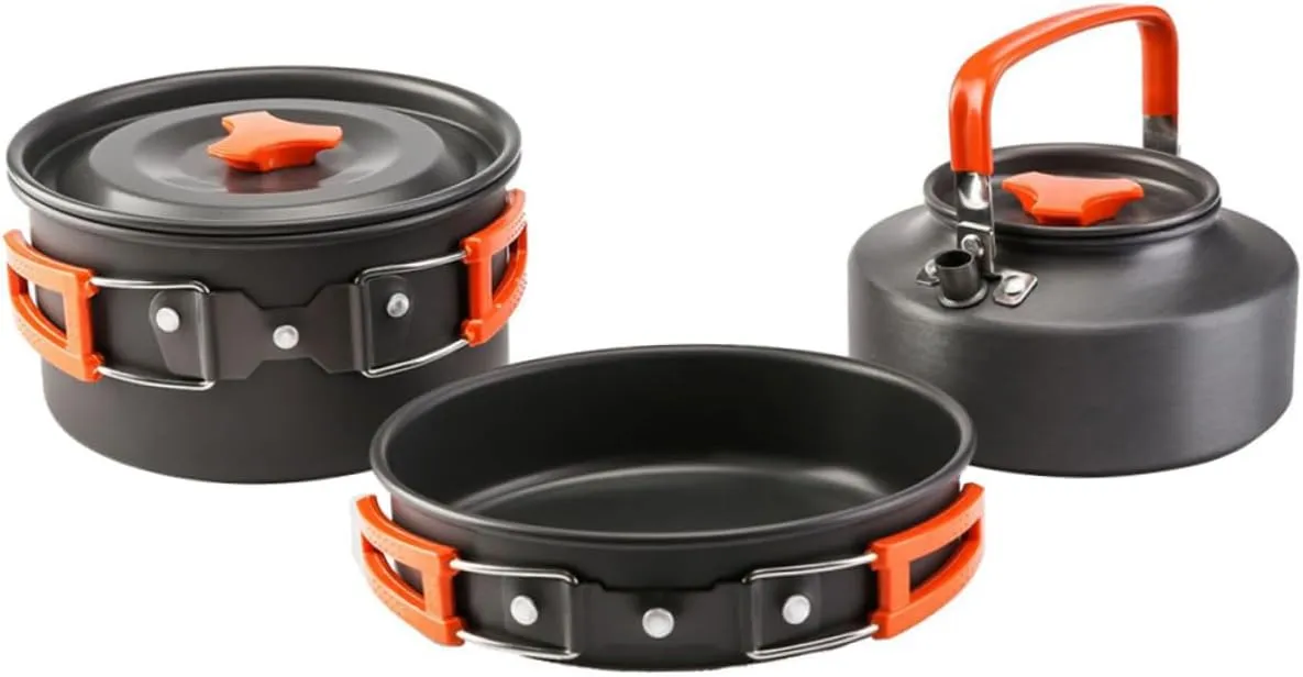 Outdoor Camping Pot Set 3-Piece Aluminum Cookware Portable Cutlery Teakettle