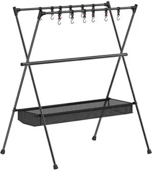 Outdoor Cookware Hanging Rack, Portable Campsite Camping Stand, Collapsible Multifunction with 6 Hooks Clothes Drying Rack, for Patio Garden Camping Hiking Travel(Storage bag shelf)