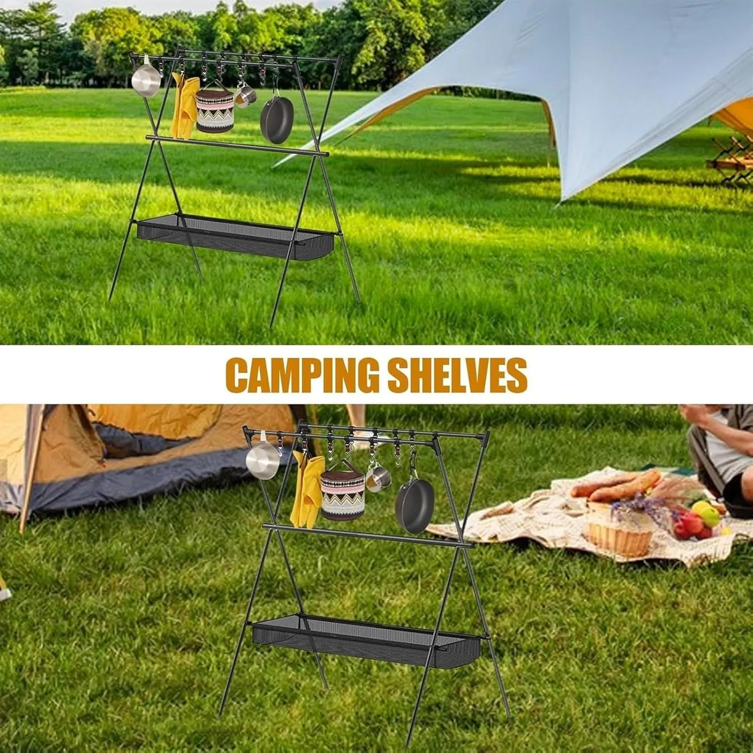 Outdoor Cookware Hanging Rack, Portable Campsite Camping Stand, Collapsible Multifunction with 6 Hooks Clothes Drying Rack, for Patio Garden Camping Hiking Travel(Storage bag shelf)