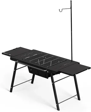 Outdoor Folding Portable Picnic Camping Table Aluminum Portable Outdoor Cooking Grill Table with Light Stand for BBQ Party Picnics Backyard Activities