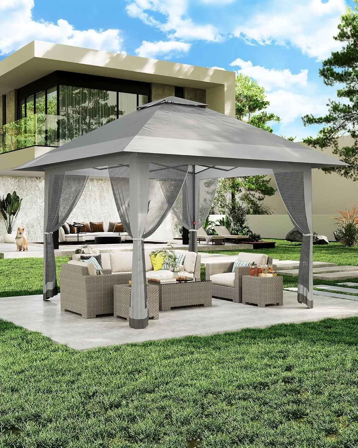 Outdoor Gazebo - 13x13ft Patio Canopy with Mosquito Net & Double Roof - Portable Instant Shelter for Outdoor, UV-Resistant Waterproof Patio Cover for Backyard, Garden, Camping (Adjustable Height)