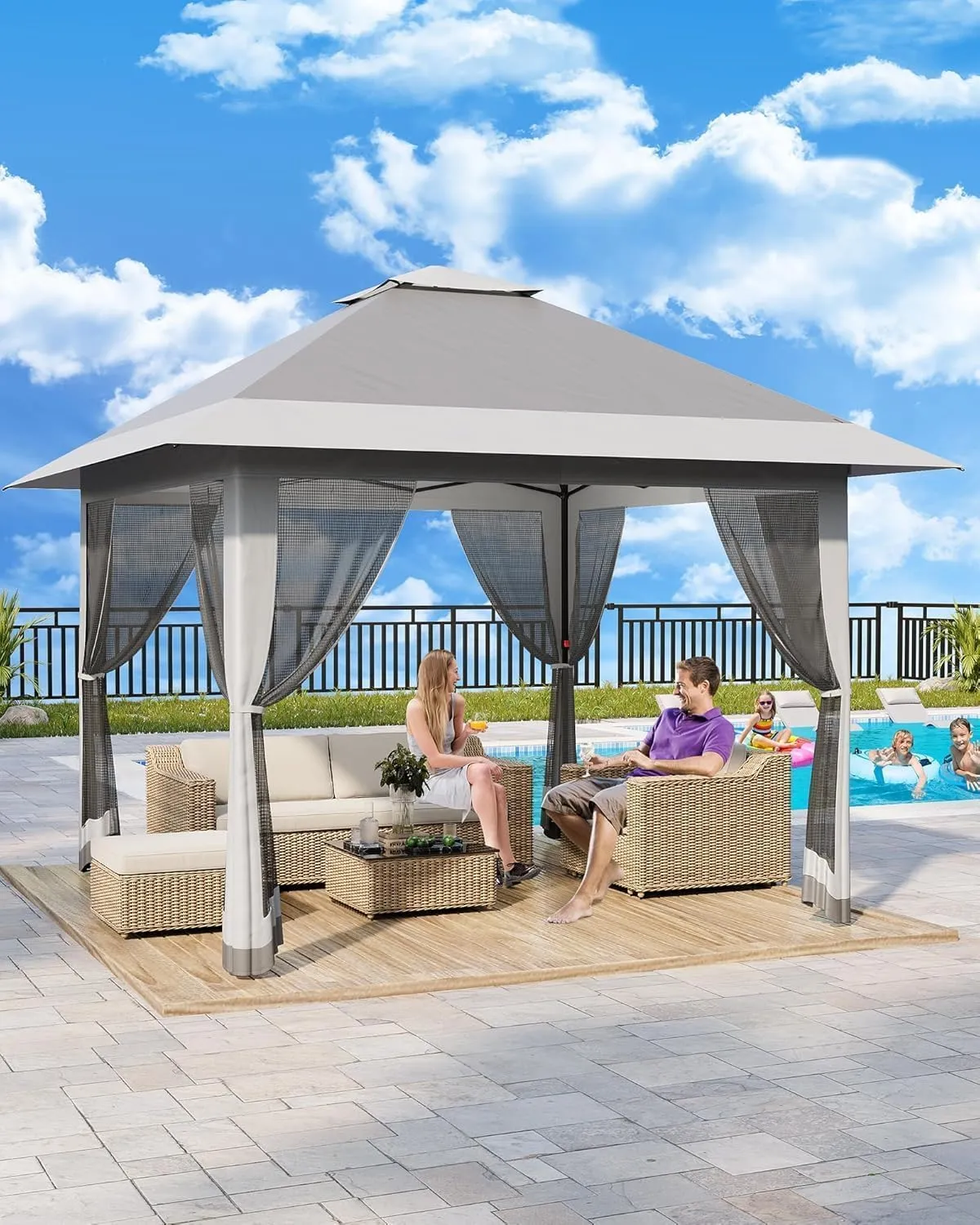 Outdoor Gazebo - 13x13ft Patio Canopy with Mosquito Net & Double Roof - Portable Instant Shelter for Outdoor, UV-Resistant Waterproof Patio Cover for Backyard, Garden, Camping (Adjustable Height)