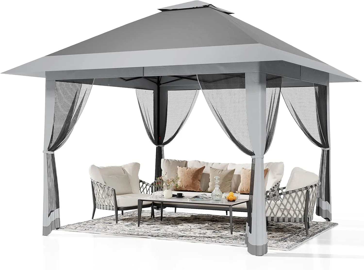 Outdoor Gazebo - 13x13ft Patio Canopy with Mosquito Net & Double Roof - Portable Instant Shelter for Outdoor, UV-Resistant Waterproof Patio Cover for Backyard, Garden, Camping (Adjustable Height)