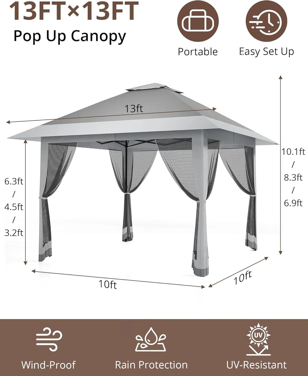 Outdoor Gazebo - 13x13ft Patio Canopy with Mosquito Net & Double Roof - Portable Instant Shelter for Outdoor, UV-Resistant Waterproof Patio Cover for Backyard, Garden, Camping (Adjustable Height)