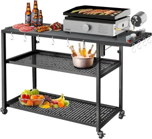 Outdoor Grill Cart, 580lb Dining Cart Table with 3 Shelf, Stainless Steel Cart with Lockable Wheels
