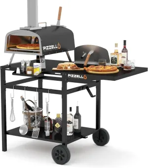 Outdoor Grill Table 44" x 26" Movable Pizza Oven Stand Foldable Double-Shelf Grill Cart Fit for 12/16inch Oven Ooni Ninja Woodfire Blackstone