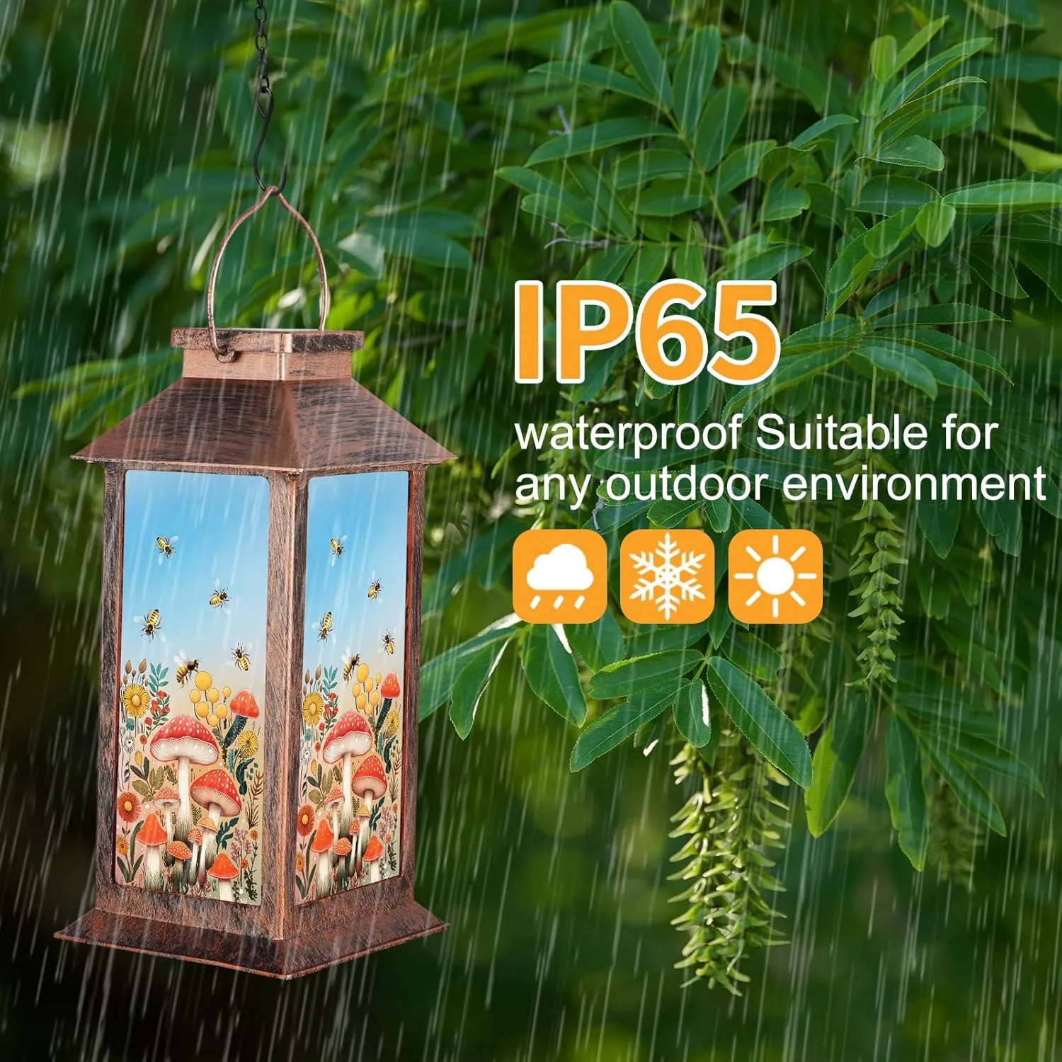 Outdoor Hanging Solar Lantern Waterproof Outside Bees Mushrooms Pattern Landscape Lights for Porch Garden Yard Patio Pathway Decor Birthday Gifts for Women Mom Grandma