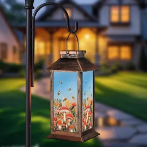 Outdoor Hanging Solar Lantern Waterproof Outside Bees Mushrooms Pattern Landscape Lights for Porch Garden Yard Patio Pathway Decor Birthday Gifts for Women Mom Grandma