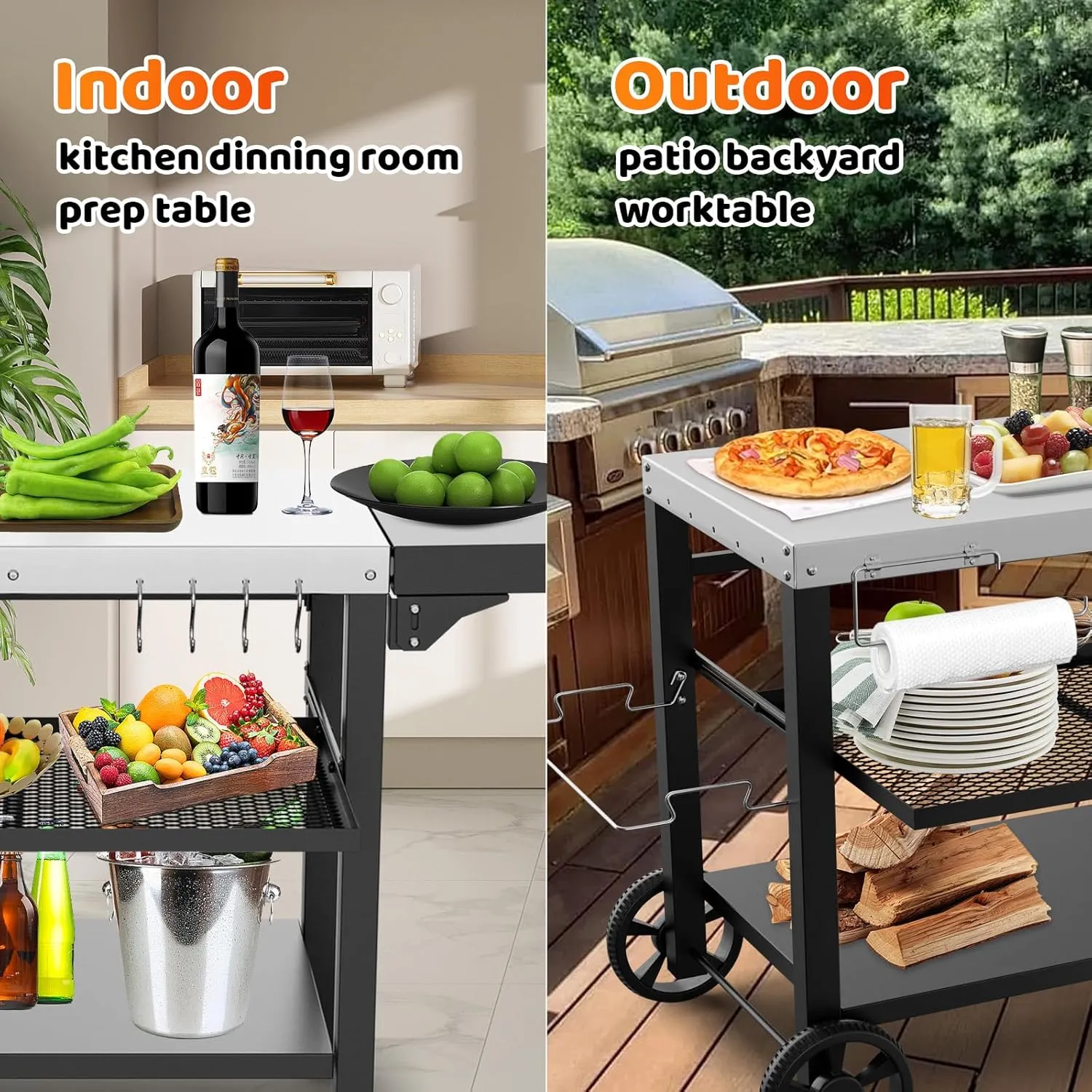 Outdoor Kitchen Island, Grill Table Cart with Drawer, Pizza Oven Stand, Movable 3-Shelf Prep Table with Side Table for Ninja Woodfire, Ooni Pizza Oven, Blackstone Griddle, Cuisinart, Cooking Station