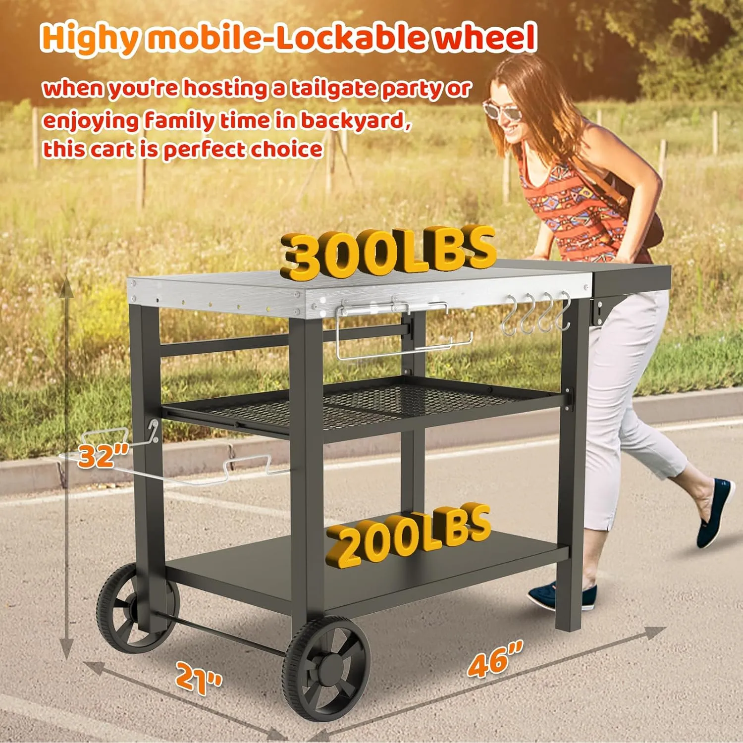Outdoor Kitchen Island, Grill Table Cart with Drawer, Pizza Oven Stand, Movable 3-Shelf Prep Table with Side Table for Ninja Woodfire, Ooni Pizza Oven, Blackstone Griddle, Cuisinart, Cooking Station