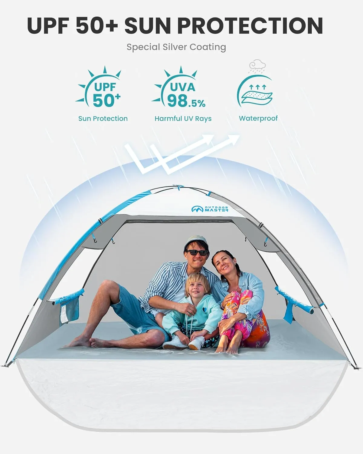 OutdoorMaster Beach Tent Sun Shelter with 2 Ventilated Doors, UPF50  Easy Setup Beach Tent Canopy for 3 Person, Lightweight & Portable Family Beach Umbrellas for Sand with Carrying Bag -Ocracoke Coast