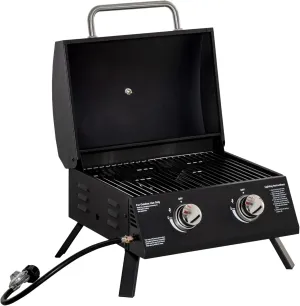 Outsunny 2 Burner Propane Gas Grill Outdoor Portable Tabletop BBQ with Foldable Legs, Lid, Thermometer for Camping, Picnic, Backyard, Black