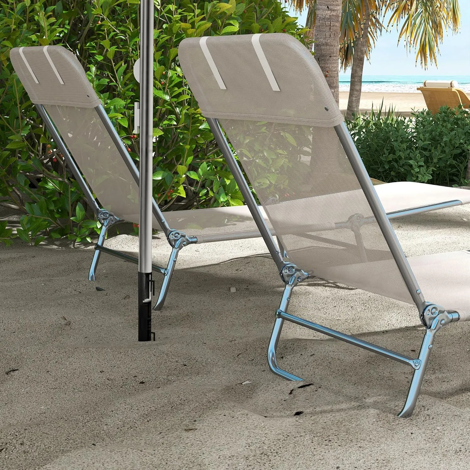 Outsunny 2 Piece Folding Chaise Lounge Chairs, Pool Sun Tanning Chairs with Reclining Back, Breathable Mesh Seat, Headrest for Beach, Yard, Patio, Cream White