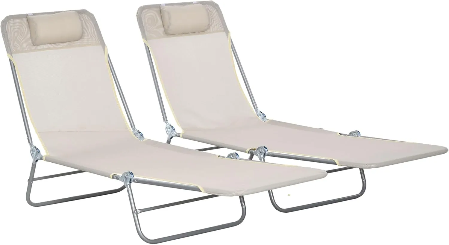Outsunny 2 Piece Folding Chaise Lounge Chairs, Pool Sun Tanning Chairs with Reclining Back, Breathable Mesh Seat, Headrest for Beach, Yard, Patio, Cream White
