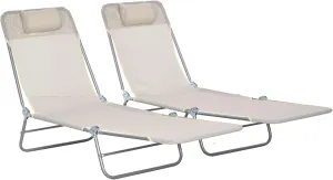 Outsunny 2 Piece Folding Chaise Lounge Chairs, Pool Sun Tanning Chairs with Reclining Back, Breathable Mesh Seat, Headrest for Beach, Yard, Patio, Cream White