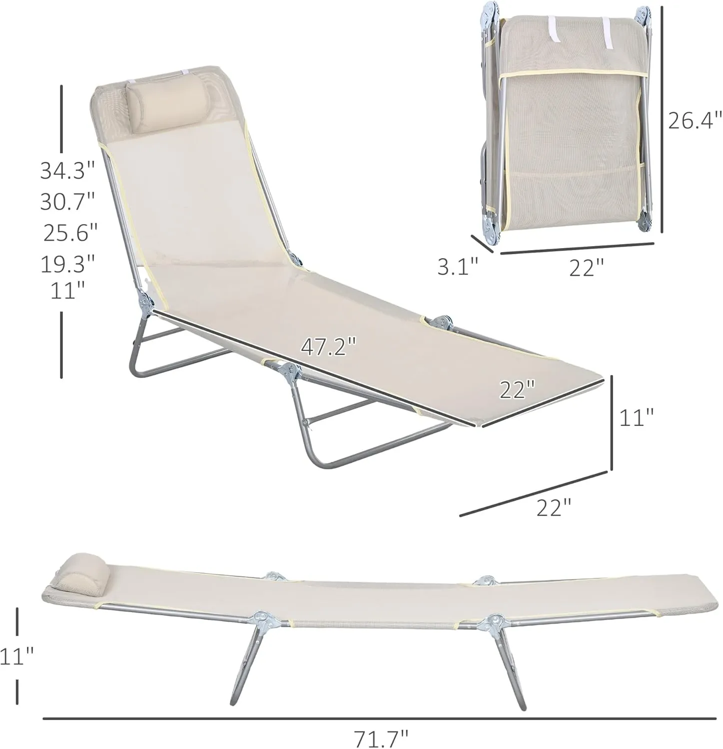 Outsunny 2 Piece Folding Chaise Lounge Chairs, Pool Sun Tanning Chairs with Reclining Back, Breathable Mesh Seat, Headrest for Beach, Yard, Patio, Cream White