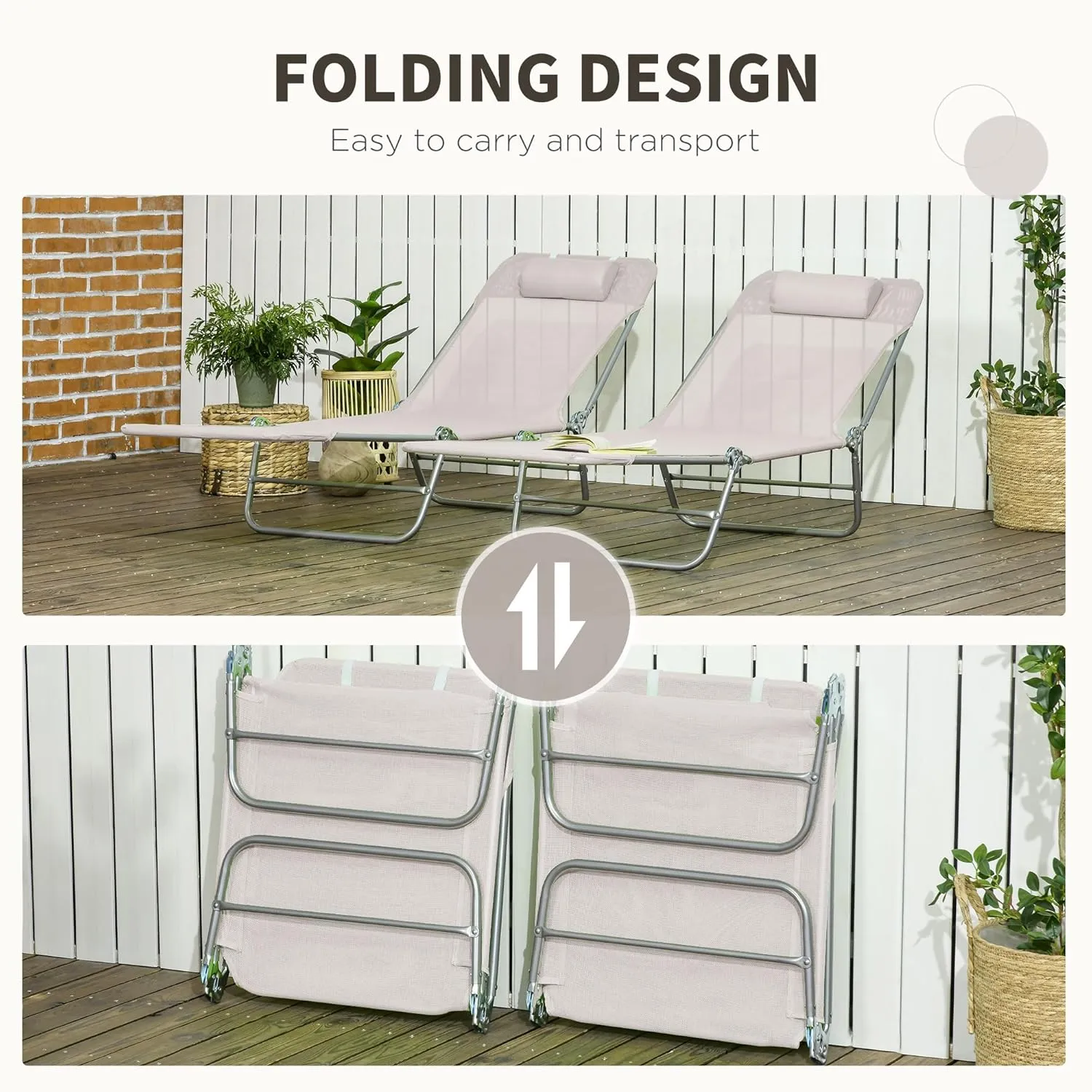 Outsunny 2 Piece Folding Chaise Lounge Chairs, Pool Sun Tanning Chairs with Reclining Back, Breathable Mesh Seat, Headrest for Beach, Yard, Patio, Cream White