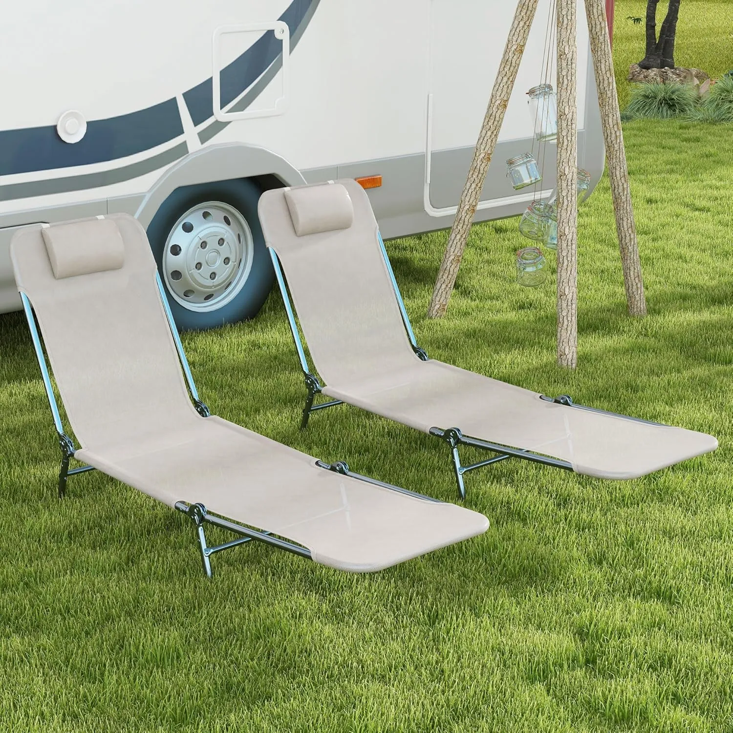 Outsunny 2 Piece Folding Chaise Lounge Chairs, Pool Sun Tanning Chairs with Reclining Back, Breathable Mesh Seat, Headrest for Beach, Yard, Patio, Cream White