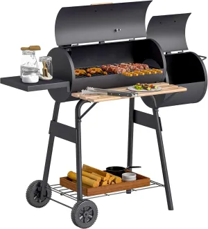 Outsunny 48" Portable Barrel Charcoal BBQ Grill, Steel Outdoor Barbecue Smoker with 232 Square Inches Cooking Space, Storage Shelf, Wheels for Garden Camping Picnic, Black