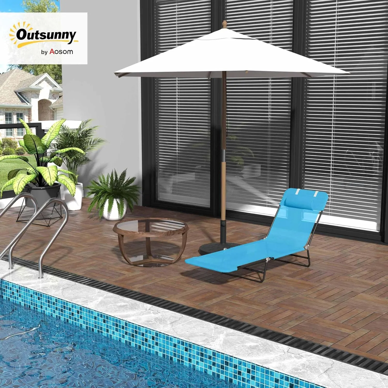 Outsunny Folding Chaise Lounge Chair, Pool Sun Tanning Chair, Outdoor Lounge Chair with Reclining Back, Breathable Mesh Seat, Headrest for Beach, Yard, Patio, Blue