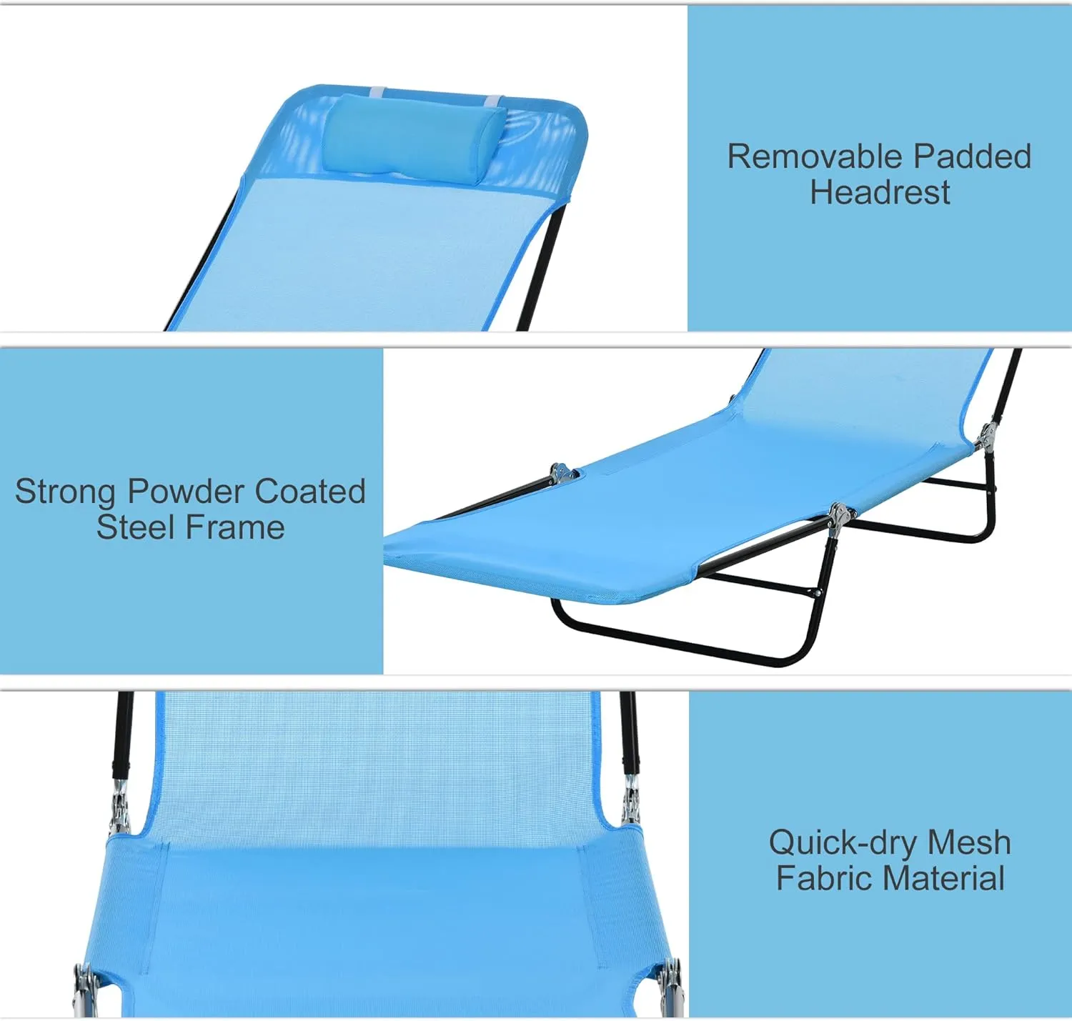Outsunny Folding Chaise Lounge Chair, Pool Sun Tanning Chair, Outdoor Lounge Chair with Reclining Back, Breathable Mesh Seat, Headrest for Beach, Yard, Patio, Blue