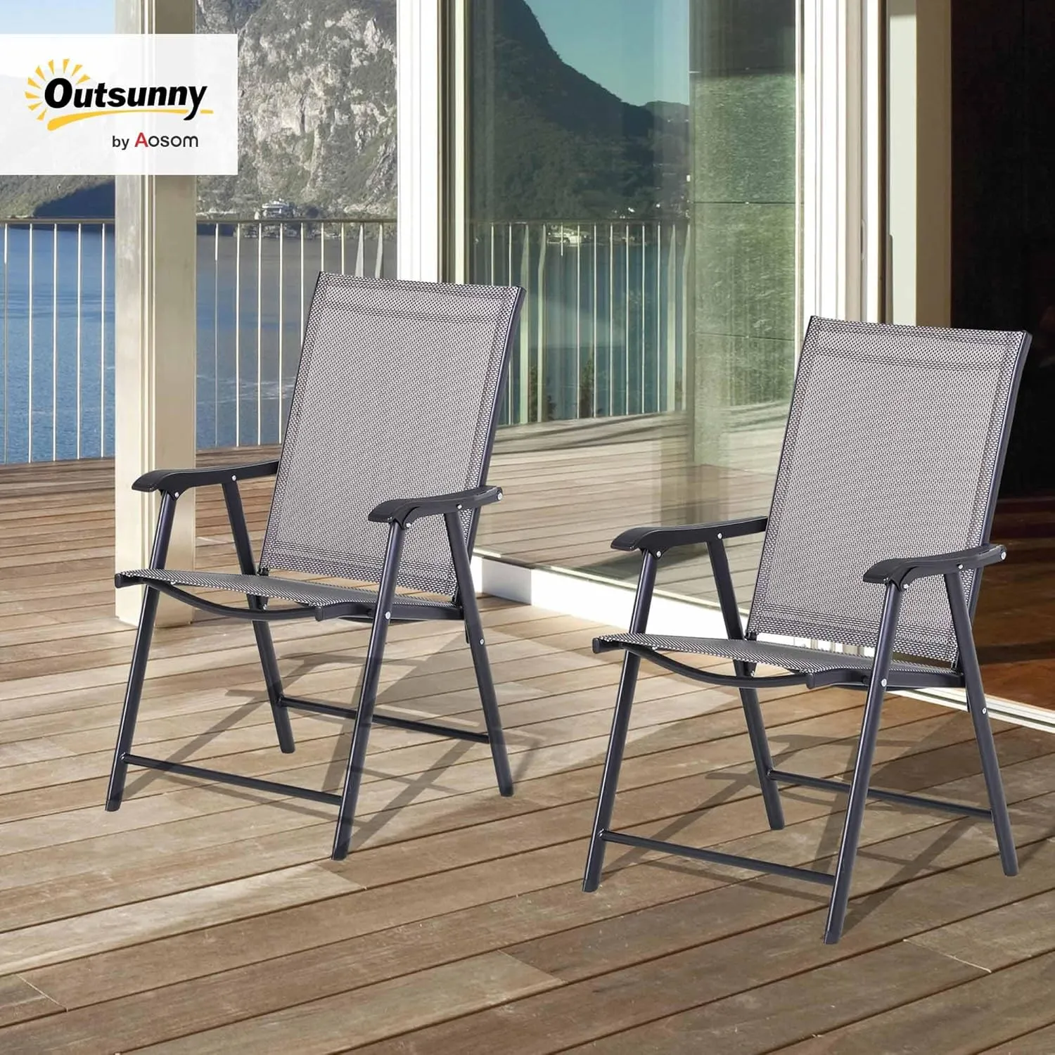 Outsunny Folding Outdoor Patio Chairs Set of 2 Stackable Portable for Deck, Garden, Camping and Travel