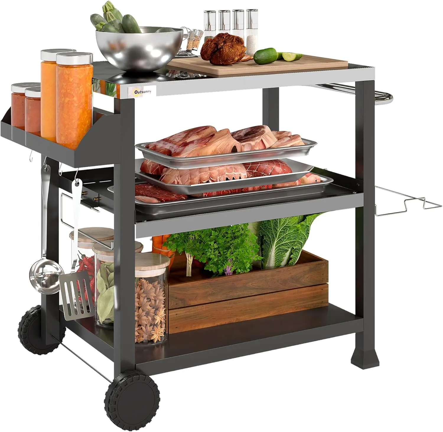 Outsunny Three-Shelf Outdoor Grill Cart with Stainless Steel Tabletop, Side Handle, 32" x 20.5" Multifunctional Pizza Oven Stand, Movable Food Prep Table on Wheels, Black