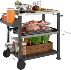 Outsunny Three-Shelf Outdoor Grill Cart with Stainless Steel Tabletop, Side Handle, 32" x 20.5" Multifunctional Pizza Oven Stand, Movable Food Prep Table on Wheels, Black