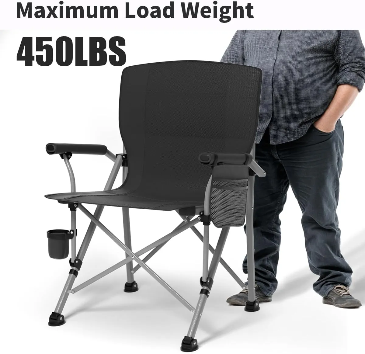 Oversized Camping Chair for Adults Heavy Duty,Heavy Duty Lawn Chair with Side Pockets,Outdoor Camping, Fishing, Beach, Hiking Foldable Camping Chair (2, Black, X-Large)