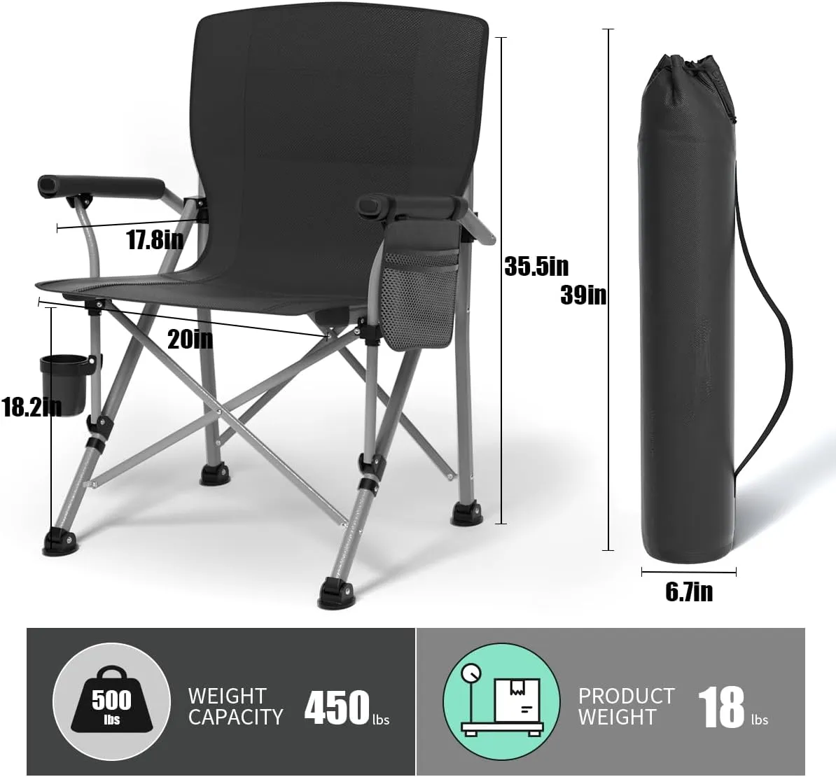 Oversized Camping Chair for Adults Heavy Duty,Heavy Duty Lawn Chair with Side Pockets,Outdoor Camping, Fishing, Beach, Hiking Foldable Camping Chair (2, Black, X-Large)