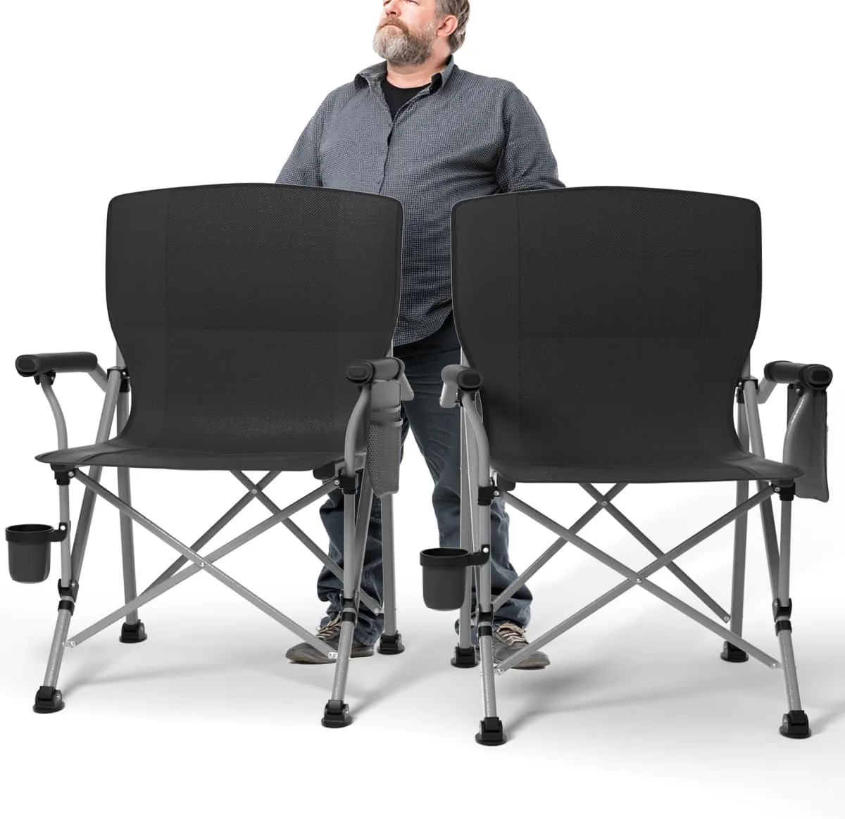 Oversized Camping Chair for Adults Heavy Duty,Heavy Duty Lawn Chair with Side Pockets,Outdoor Camping, Fishing, Beach, Hiking Foldable Camping Chair (2, Black, X-Large)