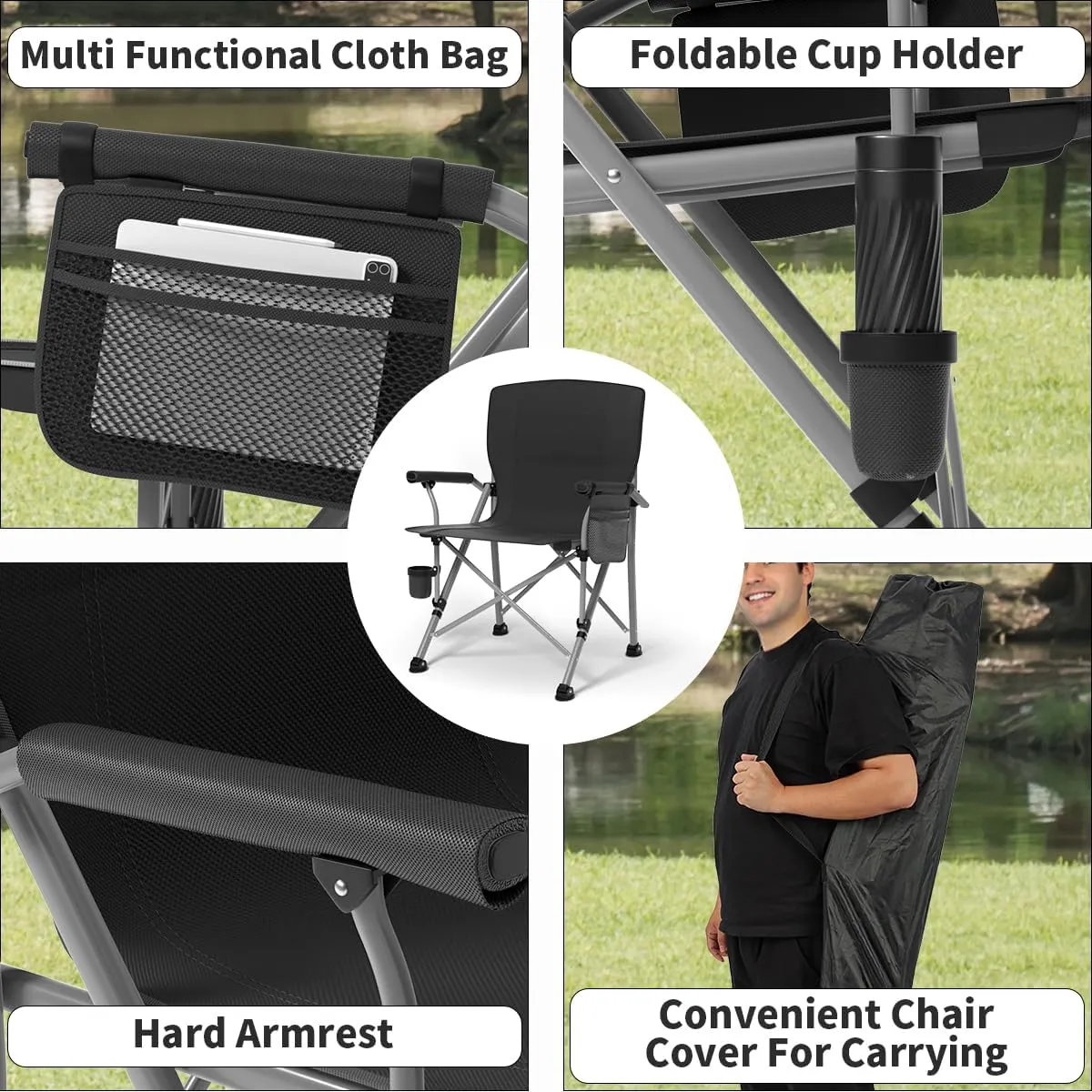 Oversized Camping Chair for Adults Heavy Duty,Heavy Duty Lawn Chair with Side Pockets,Outdoor Camping, Fishing, Beach, Hiking Foldable Camping Chair (2, Black, X-Large)