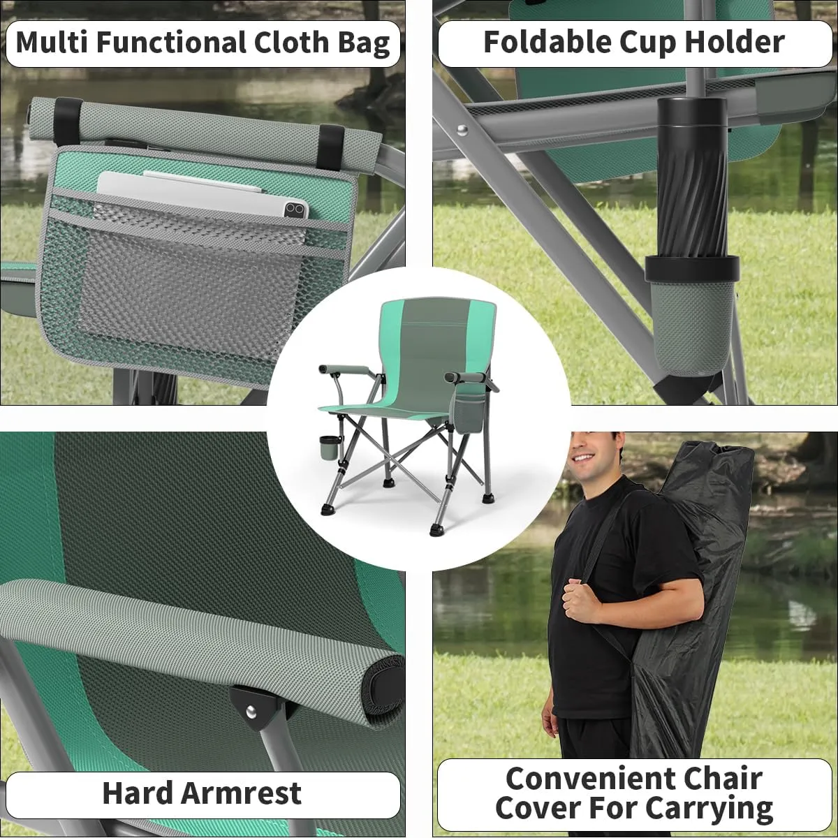 Oversized Camping Chair for Adults Heavy Duty,Heavy Duty Lawn Chair with Side Pockets,Outdoor Camping, Fishing, Beach, Hiking Foldable Camping Chair (2, Grey Light Blue, Extra Large)