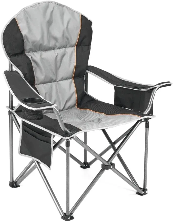 Oversized Camping Folding Chair, Heavy Duty Outdoor Chair with Padded Seat, Cup Holder, Side Pocket, Cooler Bag, 5000 LBS Steel Frame, Portable for Camping Beach Travel (Black  Gray   Iron   Nylon)