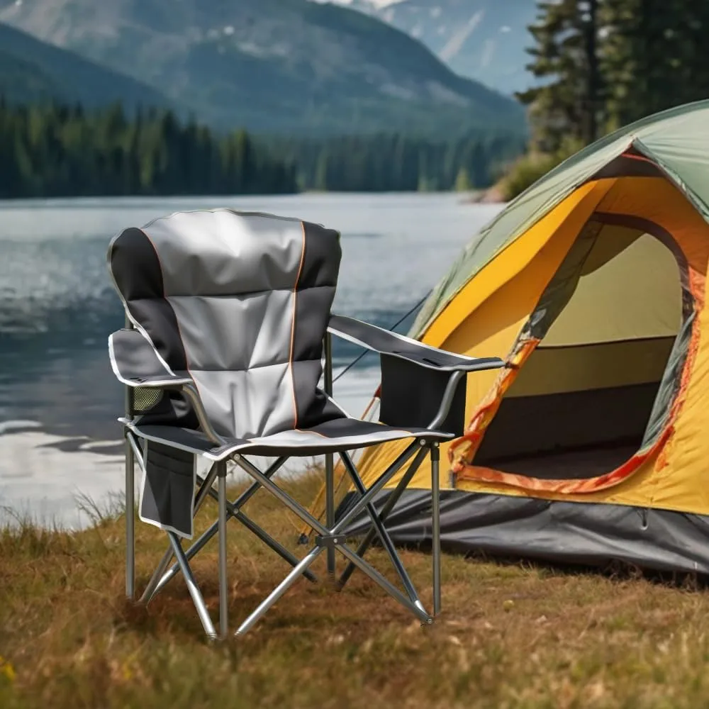 Oversized Camping Folding Chair, Heavy Duty Outdoor Chair with Padded Seat, Cup Holder, Side Pocket, Cooler Bag, 5000 LBS Steel Frame, Portable for Camping Beach Travel (Black  Gray   Iron   Nylon)