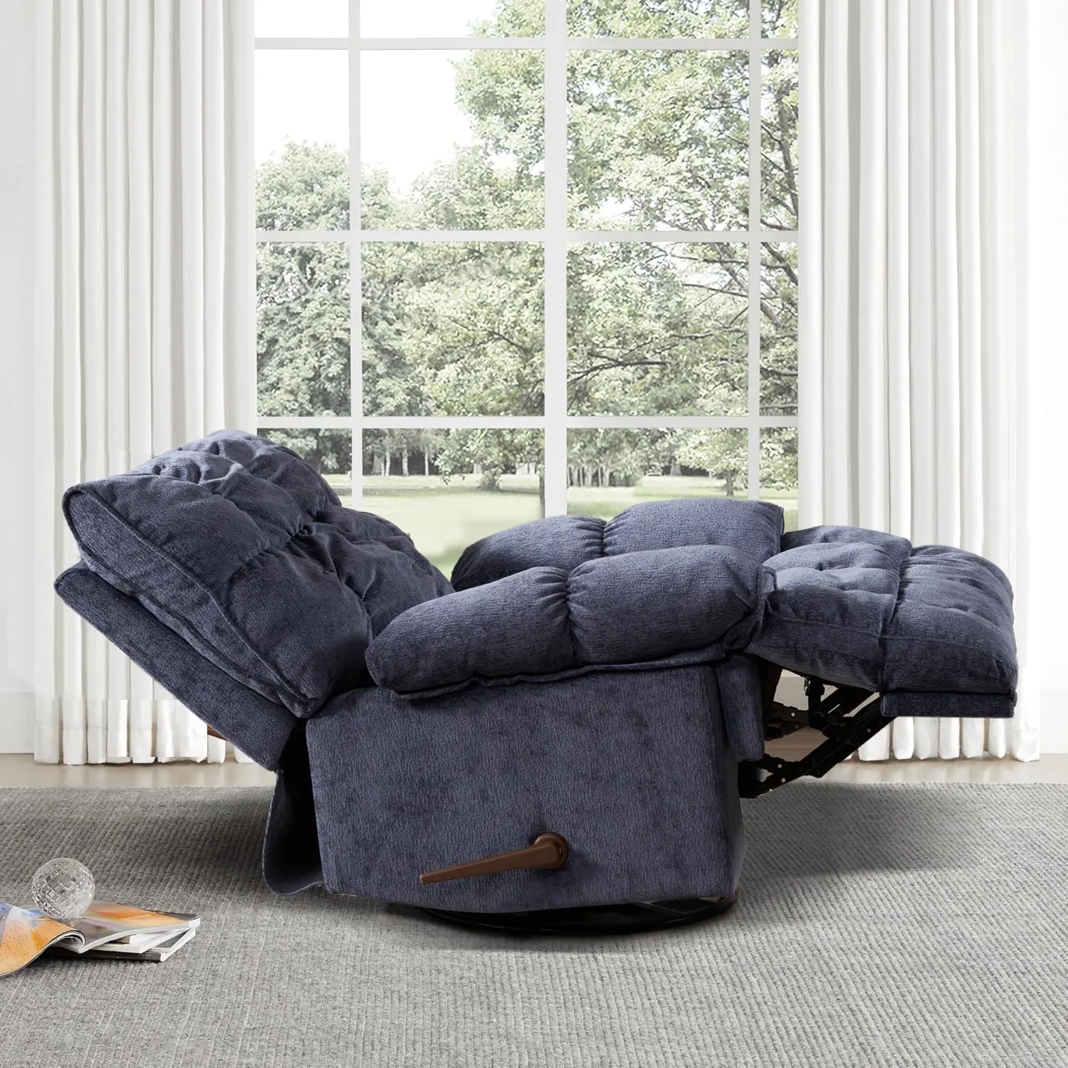 Oversized Rocker Recliner Chair, Manual Overstuffed Extra Wide Rocking Recliners Soft with Breathable Soft Fabric, Swivel Rocker Recliner for Living,Soft Padded Headrest and Armrest (Manual, Blue)