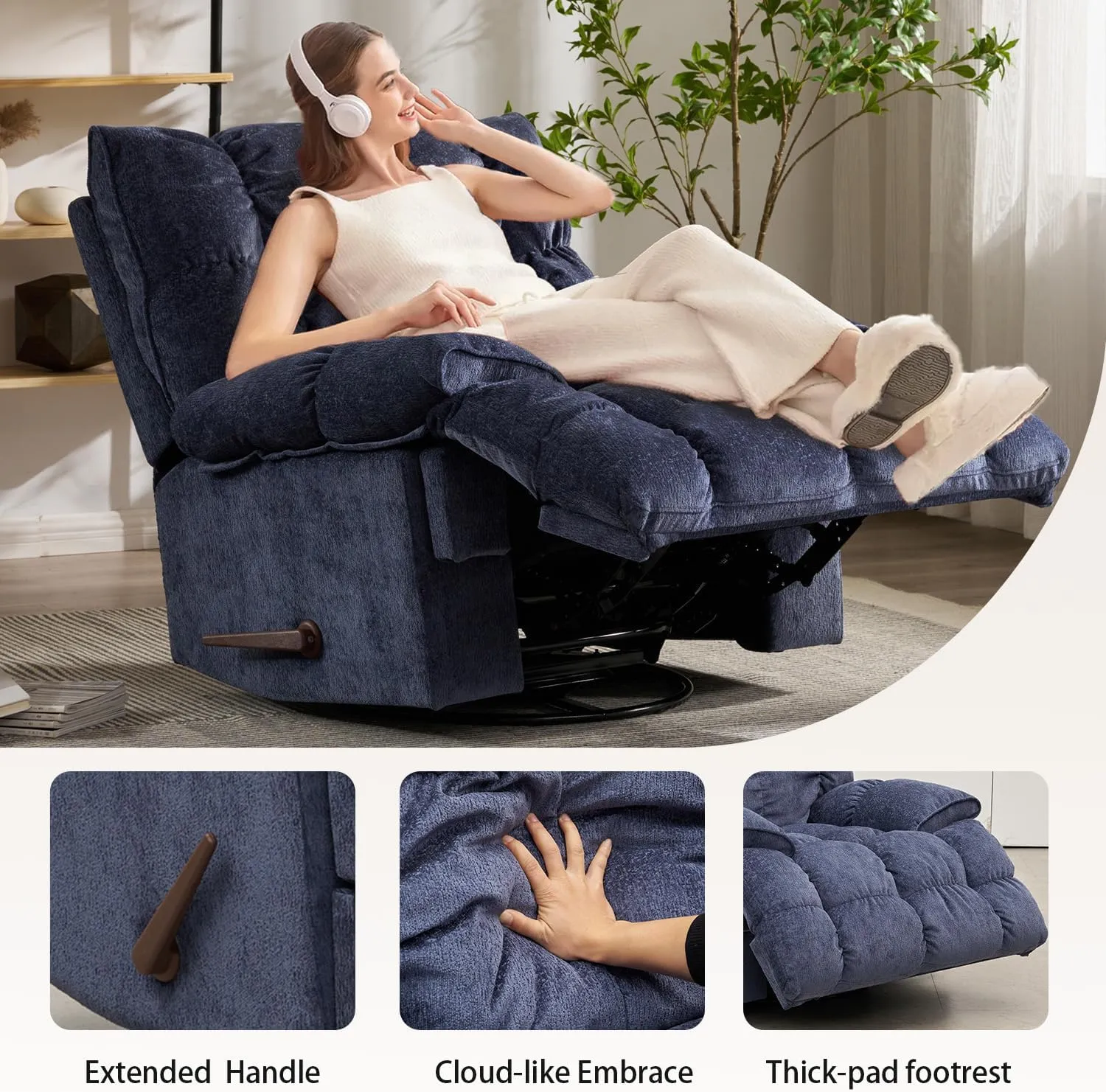 Oversized Rocker Recliner Chair, Manual Overstuffed Extra Wide Rocking Recliners Soft with Breathable Soft Fabric, Swivel Rocker Recliner for Living,Soft Padded Headrest and Armrest (Manual, Blue)