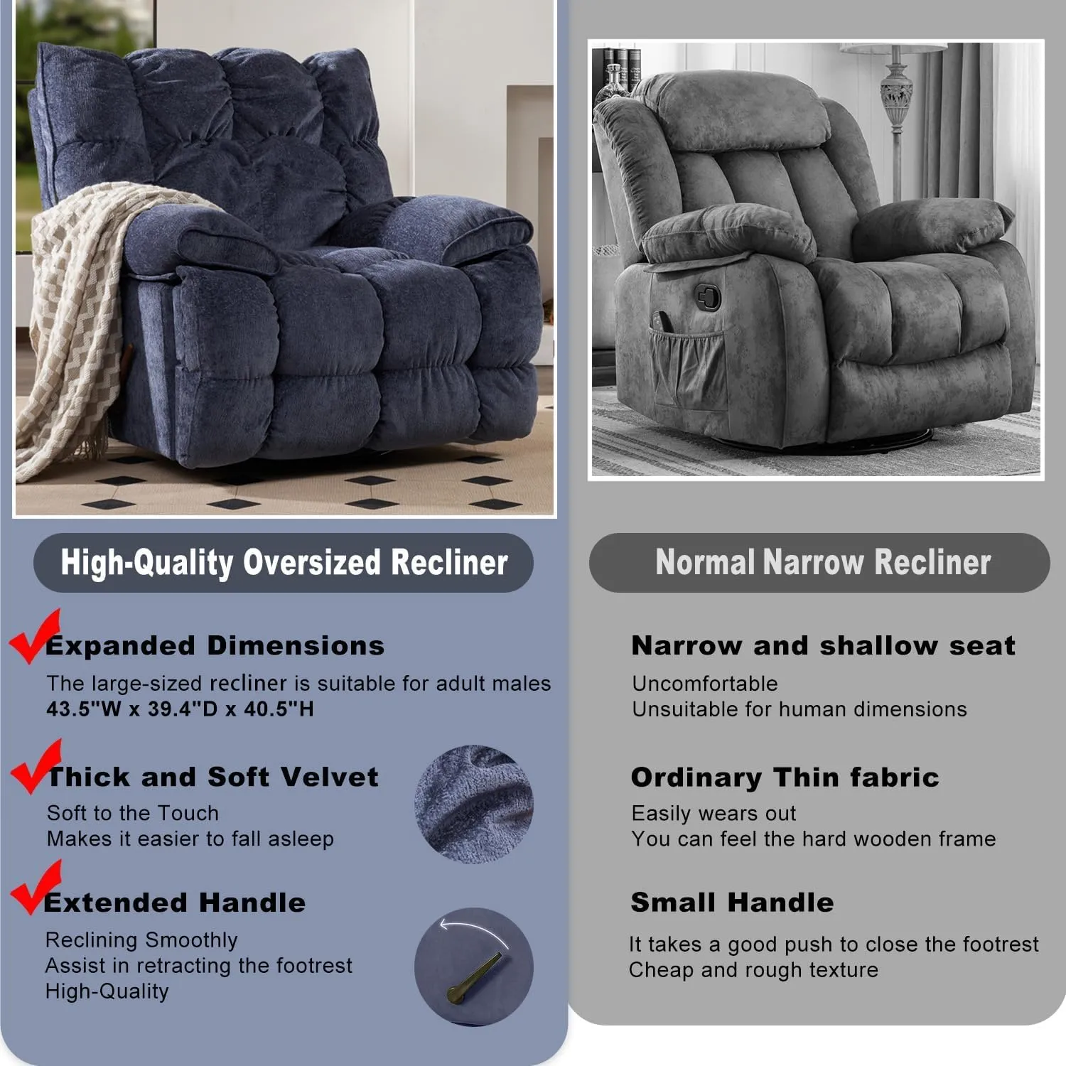 Oversized Rocker Recliner Chair, Manual Overstuffed Extra Wide Rocking Recliners Soft with Breathable Soft Fabric, Swivel Rocker Recliner for Living,Soft Padded Headrest and Armrest (Manual, Blue)